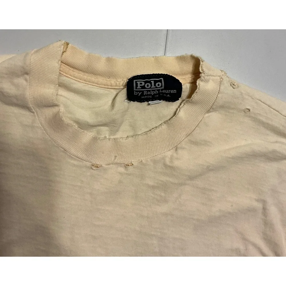 VTG USA Made Y2K Polo‎ Ralph Lauren  Cream Thrashed Distressed Cotton T Shirt XL